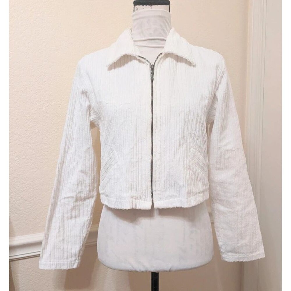 White Corduroy Cropped Zip Front Jacket Medium